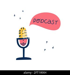 Concetto podcast per la trasmissione radio, il blogging. Registratore di suoni, attrezzatura multimediale illustrazione vettoriale disegnata a mano. Illustrazione Vettoriale