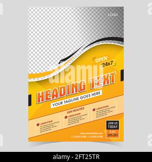 Orange Yellow Gym fitness body building Flyer A4 size template design creativo con sezione Foto. Illustrazione Vettoriale