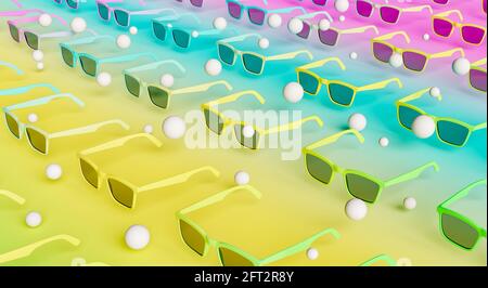 modello isometrico di occhiali da sole a sfumatura pastello con sfere bianche che galleggiano intorno. rendering 3d Foto Stock