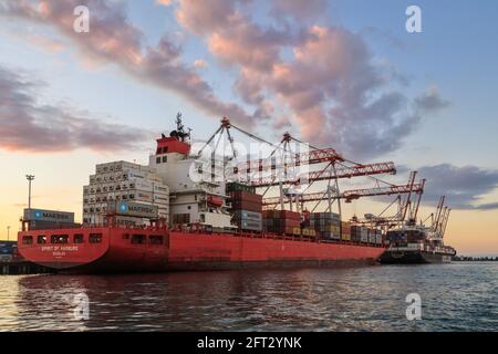 Due grandi navi portacontainer che prendono il carico al porto di Tauranga, Nuova Zelanda, con un cielo al tramonto sullo sfondo Foto Stock