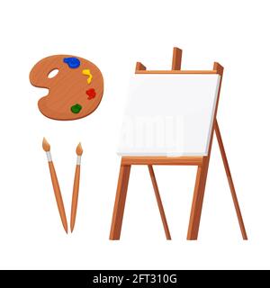 Set easel legno vuoto carta bianca mock up con palette e pennelli in stile cartoon isolato su vettoriale illustrazione bianca. Attrezzature per artisti, advertis Illustrazione Vettoriale