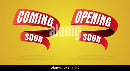 Presto in arrivo e presto in apertura combinato nastro rosso spirale isolato banner con ombra su sfondo giallo Design per pubblicità promozionale. Illustrazione Vettoriale