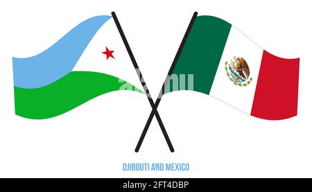 Gibuti e Messico Bandiere incrociate e ondulate stile piatto. Proporzione ufficiale. Colori corretti. Illustrazione Vettoriale