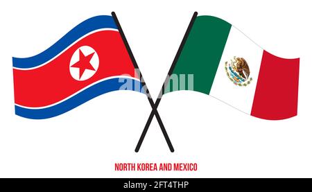 Corea del Nord e Messico Bandiere incrociate e ondulate stile piatto. Proporzione ufficiale. Colori corretti. Illustrazione Vettoriale