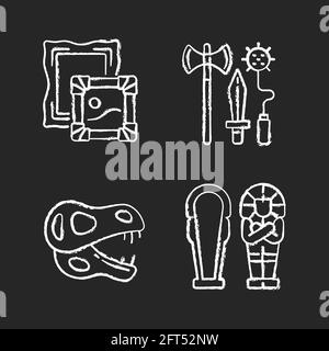 Scavi archeologici gesso bianco icone set su sfondo nero Illustrazione Vettoriale