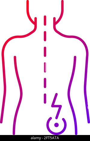 Icona vettore lineare gradiente dolore lombare destro. Distorsioni e deformazioni. Mal di schiena su un lato correlato al muscolo. Simboli di colore a linee sottili. Picto di stile moderno Illustrazione Vettoriale