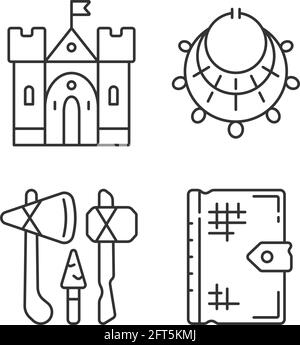 Set di icone lineari per scavi di antichità Illustrazione Vettoriale