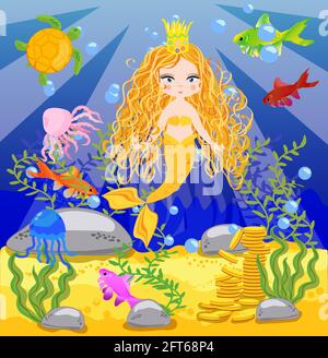 sfondo con un mondo sottomarino in stile per bambini. Una sirena Illustrazione Vettoriale