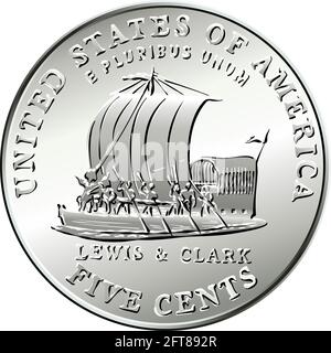 Jefferson nickel, denaro americano, moneta da cinque cent USA con keelboat di Lewis e Clark Expedition al contrario in onore del bicentenario della spedizione Illustrazione Vettoriale