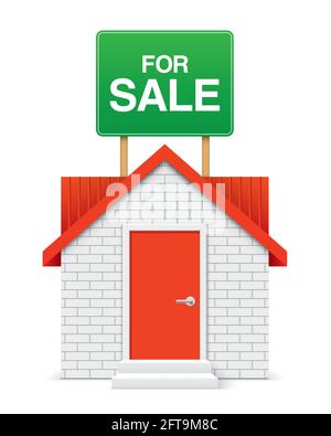 Casa in mattoni con banner IN VENDITA, isolata su sfondo bianco. Icona vettore 3D di negoziazione immobiliare. Illustrazione Vettoriale