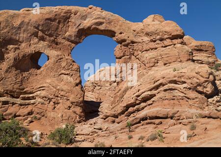 Turret Arch nel Parco Nazionale di Arches, Utah, Stati Uniti. Foto Stock