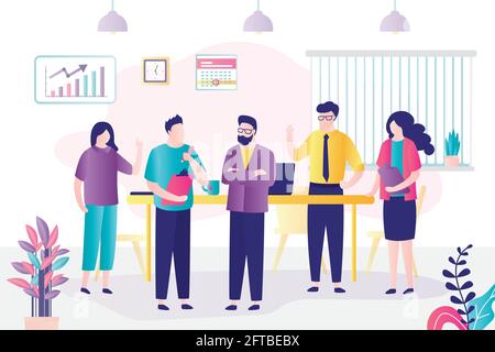I colleghi si sono incontrati per la pianificazione globale e la ricerca di marketing. Gli uomini d'affari discutono il progetto di avvio e le statistiche aziendali. Concetto di lavoro di squadra, ufficio Illustrazione Vettoriale