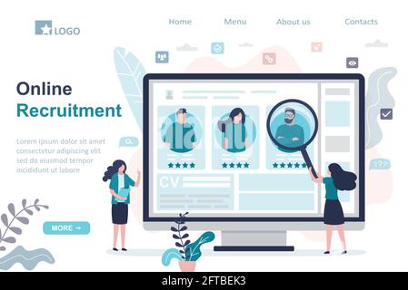Responsabile femminile che sceglie il candidato migliore per il lavoro. Profili di vari cercatori di lavoro sullo schermo del computer. Curriculum CV e concetto di processo di reclutamento online. Illustrazione Vettoriale