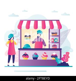 Uomo d'affari vende pasticceria in piccolo negozio. Chef pasticceria professionale in uniforme. Concetto di attività dolciaria e produzione dolciaria. St. Locale Illustrazione Vettoriale