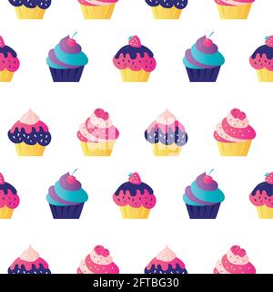 Motivo senza cuciture con vari cupcake. Vari dolci su sfondo bianco. Pasticceria con bacche decorate e spruzzi. Dessert, dolci e. Illustrazione Vettoriale