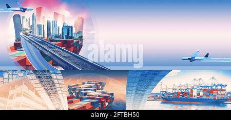 Container industriale nave da carico per l'importazione o l'esportazione in porto. Disegno astratto, camion e trasporto. Autostrada e consegna. Collage. Concetto di logistica Foto Stock