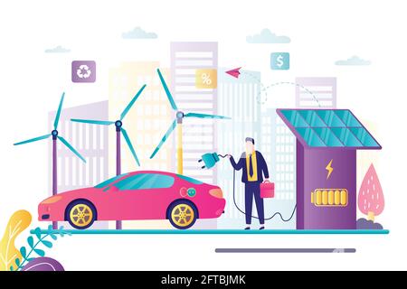 Il conducente maschile carica l'auto elettrica. Stazione di ricarica con pannelli solari. Turbine eoliche e edifici urbani sullo sfondo. Trasporto ecologico, it Illustrazione Vettoriale