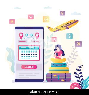 Donna in cerca di biglietti aerei per determinate date. Personaggio femminile che acquista i biglietti online tramite smartphone. Concetto di viaggio e vacanza. Cerca il fligh Illustrazione Vettoriale