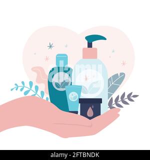 La mano della donna tiene i cosmetici organici differenti. Vari biberon e tubi di prodotti di bellezza eco-compatibili. Creme e lozioni per la cura della pelle. Ambiente Illustrazione Vettoriale