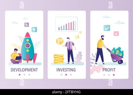 Sviluppo di progetti, investimenti e profitti. L'uomo d'affari investe in una nuova idea. Modello di onboarding per schermi di smartphone e tablet. Pagina di destinazione Illustrazione Vettoriale