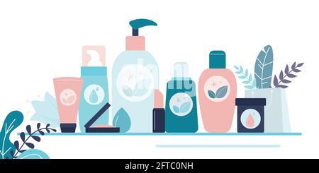 Vari flaconi e provette per la cura personale. Confezionamento cosmetico biologico. Prodotti per la cura del corpo. Contenitori diversi per prodotti ecologici. Concetto di bellezza, Illustrazione Vettoriale