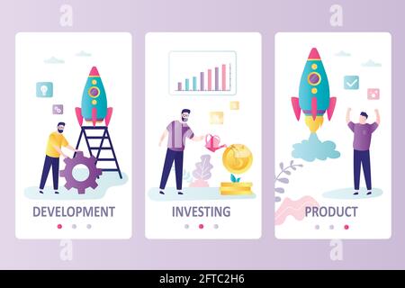 L'uomo d'affari ha proposto un nuovo progetto e ha cominciato a incarnare l'idea. Sviluppare, investire e ricevere prodotti. Modello di onboarding per smartphone e. Illustrazione Vettoriale