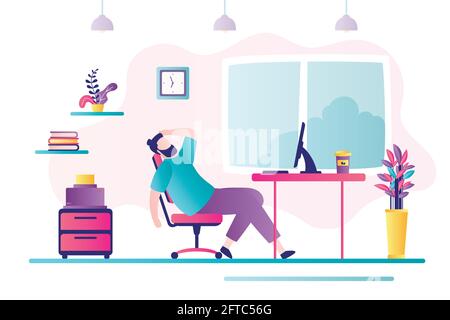 Un uomo d'affari stanco si siede sul posto di lavoro. Il carattere maschile infelice è stanco di molto lavoro. Concetto di business, stress e overworking. Interni di design offi Illustrazione Vettoriale