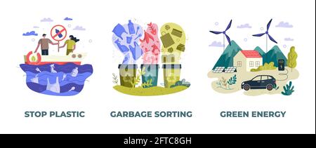 Salva pianeta Terra concetto ecologico vettore illustrazione set. Gestione della conservazione dell'ambiente. Fermare l'inquinamento da plastica, separare la raccolta rifiuti, striscioni ecologici per l'energia verde. Ecologia pulita Illustrazione Vettoriale