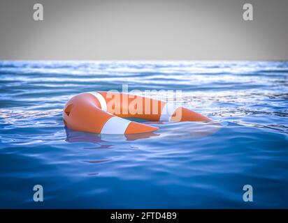 lifebuoy in mezzo al mare, aiuta concetto. rendering 3d. Foto Stock