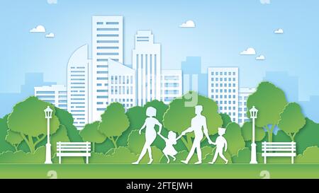 Famiglia di arte della carta nel parco. Verde città ambiente con alberi. Genitori e bambini camminano all'aperto. Concetto vettoriale paesaggio naturale pulito con taglio di carta Illustrazione Vettoriale