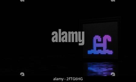 parete luminosa di rendering 3d con macchie viola blu a forma di simbolo della superficie dell'acqua con scala della piscina nera sfondo con pavimento bagnato riflessi Foto Stock