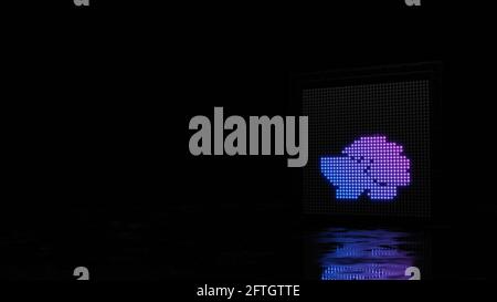 parete luminosa di rendering 3d con macchie viola blu a forma di simbolo di hedgehog dal profilo su sfondo nero con bagnato riflessione del pavimento Foto Stock