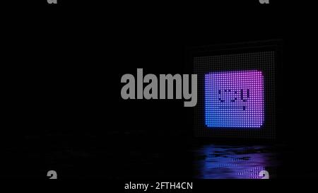 parete luminosa di rendering 3d con macchie viola blu a forma di Simbolo della bandiera dell'Arabia Saudita su sfondo nero con bagnato riflessione del pavimento Foto Stock