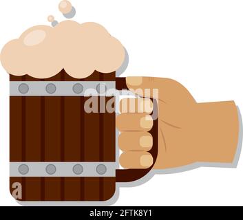 Mano isolata con una birra di legno vetro con schiuma Vector illustrazione Illustrazione Vettoriale