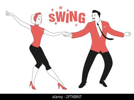 Coppia divertente che indossa abiti retrò danzando jazz, swing o rock and roll Illustrazione Vettoriale