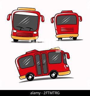 Concetto di trasporto pubblico in stile cartoon. Set di autobus rossi per la città con vista frontale, posteriore e laterale. Illustrazione Vettoriale
