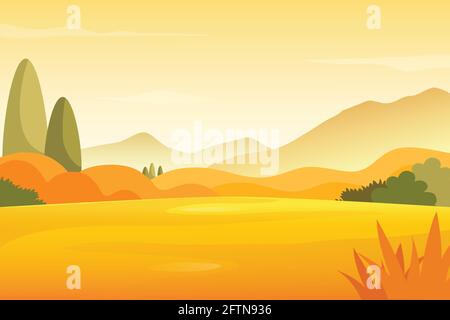 Autunno prato paesaggio con montagne sfondo, tranquillo panorama di campagna. Illustrazione Vettoriale