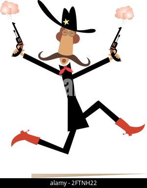 Fumetto con le pistole nelle mani illustrazione. Il cowboy che corre nel cappello spara le pistole isolate su bianco Illustrazione Vettoriale