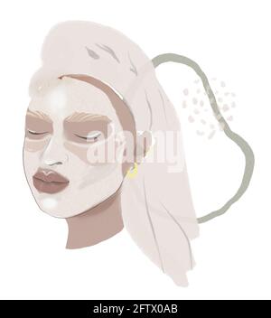Illustrazione trendy. Bella giovane con maschera facciale, cura della pelle, trattamento, relax. Foto Stock