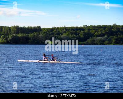 2 uomini di formazione scull su Strathclyde Loch Foto Stock