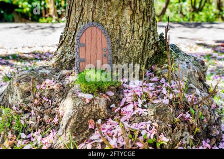 Porta fiaba piccola fatta di argilla in un tronco di albero con petali rosa. Foto Stock