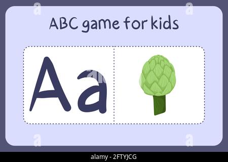 Minigiochi di alfabeto capretto in stile cartoon con lettera A - carciofo. Illustrazione vettoriale per la progettazione del gioco - taglio e gioco. Imparare abc con carte flash frutta e verdura. Illustrazione Vettoriale