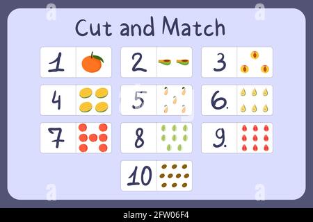 Schede flash con numeri per bambini, set 2. Taglia e abbina le immagini con numeri e frutti. Illustrazione per disegno educativo di gioco di matematica. Foglio di lavoro stampabile. Modello vettore cartoon. Illustrazione Vettoriale