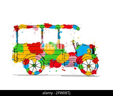 Il disegno stilizzato di un camion vintage e i colori si dividono su sfondo bianco. Illustrazione vettoriale Illustrazione Vettoriale