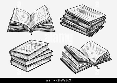 Set di libri disegnati a mano. Illustrazione vettoriale dello schizzo vintage di Education Concept Illustrazione Vettoriale