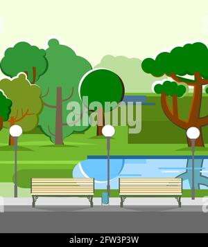 Area del parco cittadino. Alberi, arbusti e lanterne. Splendido paesaggio urbano estivo in colori sfrenati. Laghetto e panche. Un luogo dove rilassarsi, passeggiare e darsi. Il "sistema" Illustrazione Vettoriale