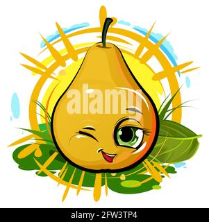 Pera sorriso allegro. Succosa frutta rossa con un muso. Stile cartone animato. Isolato su sfondo bianco. Illustrazione vettoriale. Agai di composizione estiva brillante Illustrazione Vettoriale