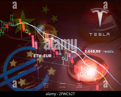 NEW YORK,USA-MAT 21 ,2021: Etereum ha perso più del 30% contro l'euro dopo le prospettive negative dal governo cinese, bce ed Elon Musk tesla 'cer una volta a. Foto Stock