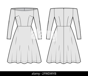 Abito off-shoulder Bardot illustrazione tecnica moda con maniche lunghe, corpo calzato, lunghezza ginocchio gonna semicircolare. Abbigliamento piatto, anteriore, posteriore, grigio. Donne, uomini unisex CAD mockup Illustrazione Vettoriale