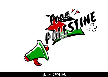 Vector Hand Draw Sketch Sign, Bullhorn o Megaphone, con testo Save Palestine, per Demonstration Plank isolato su Bianco Illustrazione Vettoriale